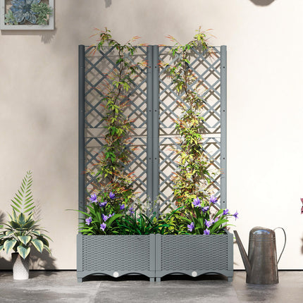 Raised Garden Bed with Trellis, Plastic Planter Box with Drainage Holes, Drain Plugs and Water Reservoirs for Climbing Plants, Vegetables, Flowers, Grey