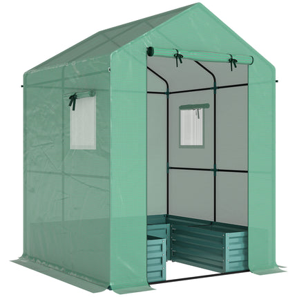 Small Greenhouse with Raised Garden Bed, Galvanised Walk-in Greenhouse with Roll Up Windows, 141 x 141 x 190 cm, Green