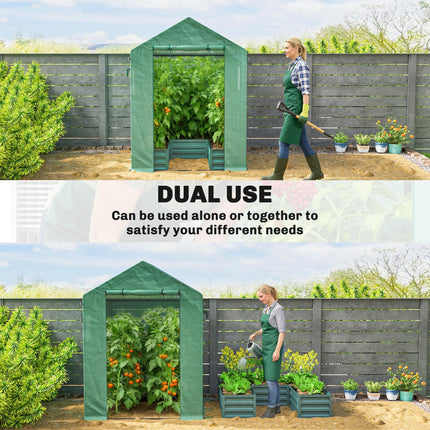 Small Greenhouse with Raised Garden Bed, Galvanised Walk-in Greenhouse with Roll Up Windows, 141 x 141 x 190 cm, Green