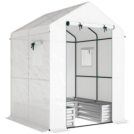 Small Greenhouse with Raised Garden Bed, Galvanised Walk-in Greenhouse with Roll Up Windows, 141 x 141 x 190 cm, White