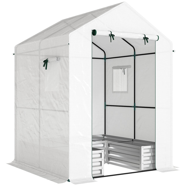 Small Greenhouse with Raised Garden Bed, Galvanised Walk-in Greenhouse with Roll Up Windows, 141 x 141 x 190 cm, White