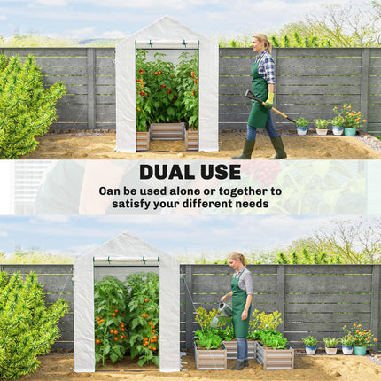 Small Greenhouse with Raised Garden Bed, Galvanised Walk-in Greenhouse with Roll Up Windows, 141 x 141 x 190 cm, White