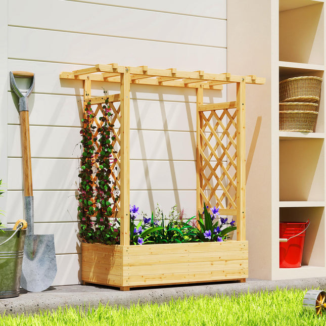 Garden Planter with Trellis, Wooden Raised Bed for Garden with Hanging Roof and Drainage Holes, Outdoor Trellis Planter Box for Vegetables, Herbs and Flowers, 110 x 44 x 113 cm, Natural