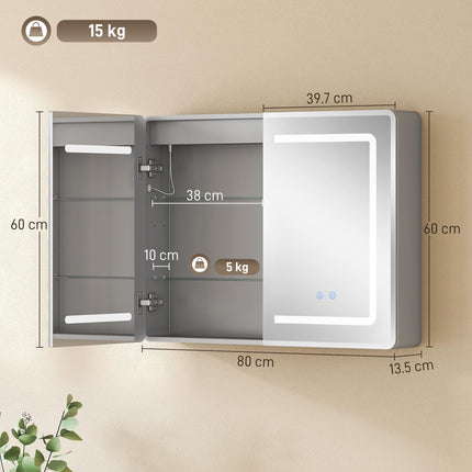 Mirrored Bathroom Cabinet with LED Lights, 60 x 80 cm Bathroom Mirror Cabinet with Anti-Fog, 3 Colour Dimmable Lighting