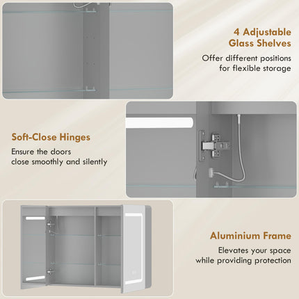 Mirrored Bathroom Cabinet with LED Lights, 60 x 80 cm Bathroom Mirror Cabinet with Anti-Fog, 3 Colour Dimmable Lighting