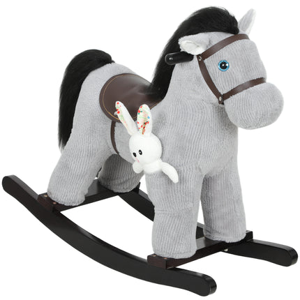 Baby Rocking Horse, Plush Ride on Toy with Handle Grip, Sound and Doll, Toddler Animal Rocker for Kids Aged 2-5, Grey