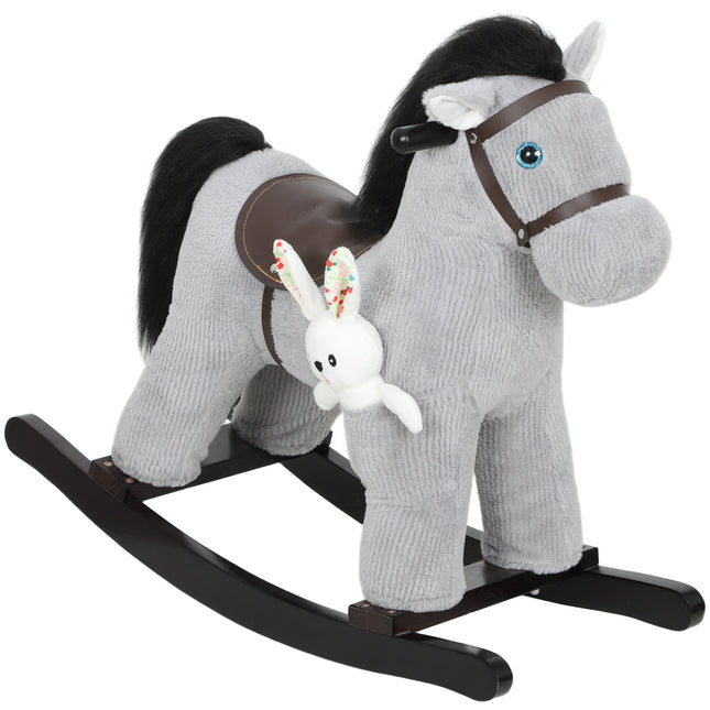 Baby Rocking Horse, Plush Ride on Toy with Handle Grip, Sound and Doll, Toddler Animal Rocker for Kids Aged 2-5, Grey