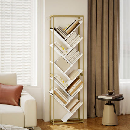 10 Shelf Modern-Style Bookshelf - Gold Tone/White