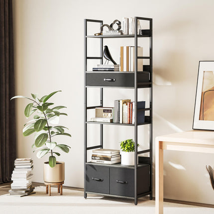 Industrial Style Bookcase, with 4 Shelves and 3 Fabric Drawers - Grey/Black
