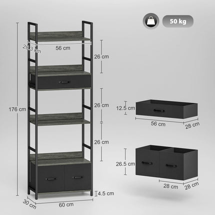 Industrial Style Bookcase, with 4 Shelves and 3 Fabric Drawers - Grey/Black