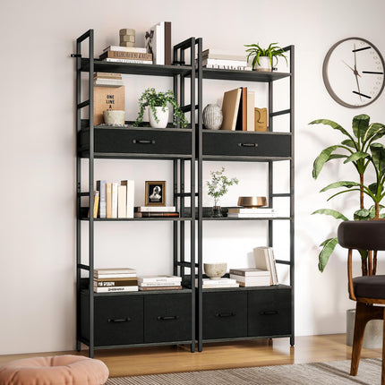 Industrial Style Bookcase, with 4 Shelves and 3 Fabric Drawers - Grey/Black