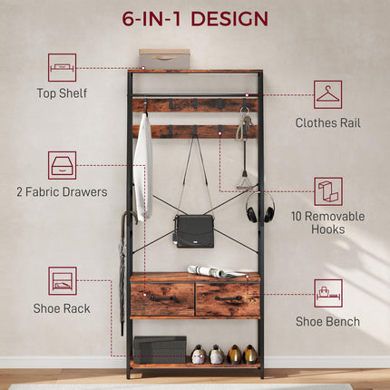 6-in-1 Industrial-Style Hallway Organiser - Brown/Black