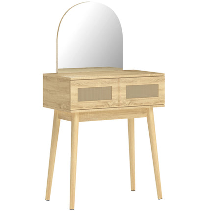 Dressing Table, Compact Vanity Desk with Mirror and 2 Drawers, Natural Wood Fini