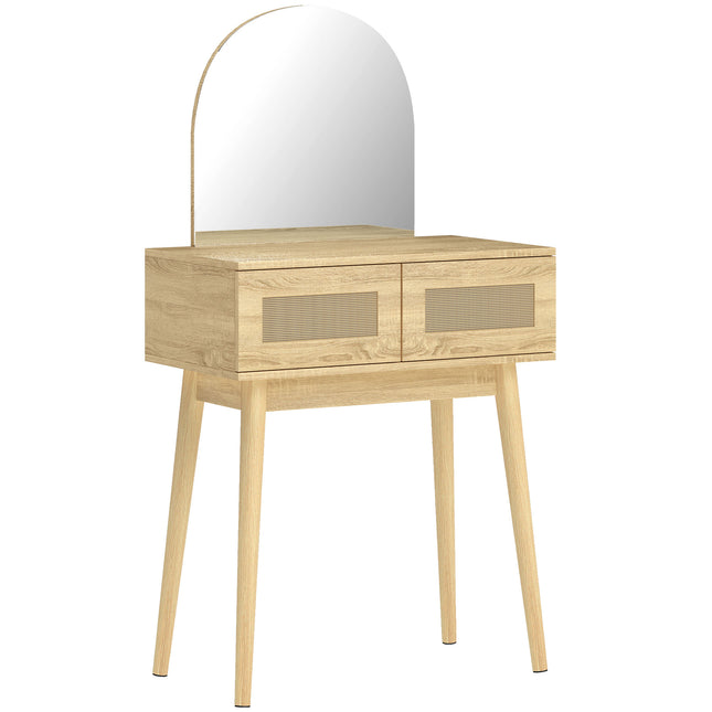 Dressing Table, Compact Vanity Desk with Mirror and 2 Drawers, Natural Wood Fini