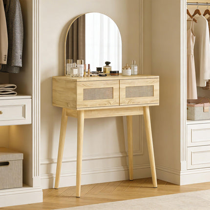 Dressing Table, Compact Vanity Desk with Mirror and 2 Drawers, Natural Wood Fini