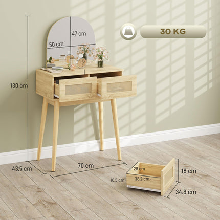 Dressing Table, Compact Vanity Desk with Mirror and 2 Drawers, Natural Wood Fini