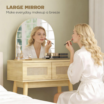 Dressing Table, Compact Vanity Desk with Mirror and 2 Drawers, Natural Wood Fini