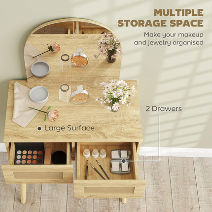 Dressing Table, Compact Vanity Desk with Mirror and 2 Drawers, Natural Wood Fini