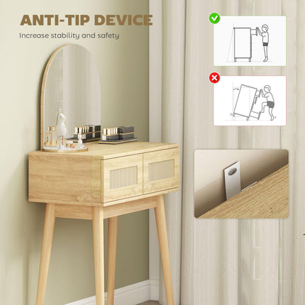 Dressing Table, Compact Vanity Desk with Mirror and 2 Drawers, Natural Wood Fini
