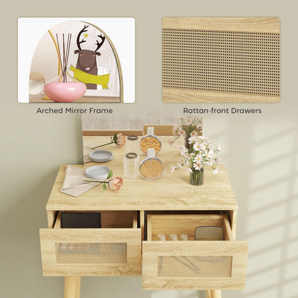 Dressing Table, Compact Vanity Desk with Mirror and 2 Drawers, Natural Wood Fini
