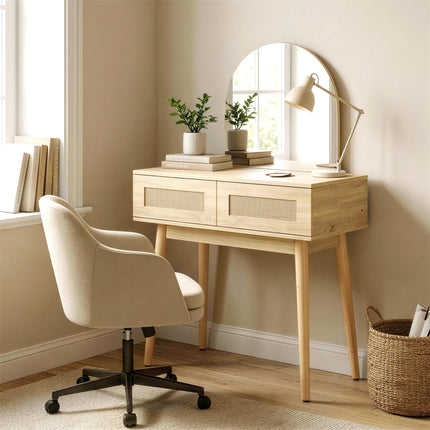 Dressing Table, Compact Vanity Desk with Mirror and 2 Drawers, Natural Wood Fini