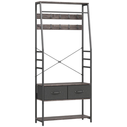 Coat Rack with Shoe Storage, Hall Tree, Industrial Coat Stand with Shoe Bench, 10 Removable Hooks, 2 Fabric Drawers and Clothes Rail for Entryway, Hallway, Grey