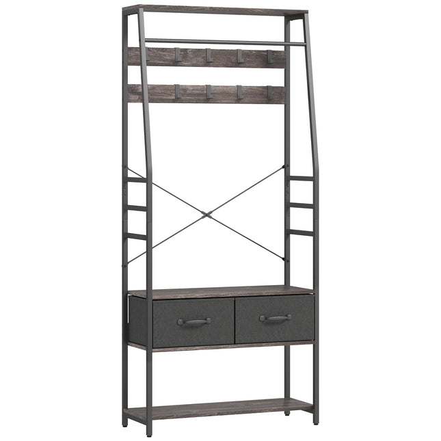 Coat Rack with Shoe Storage, Hall Tree, Industrial Coat Stand with Shoe Bench, 10 Removable Hooks, 2 Fabric Drawers and Clothes Rail for Entryway, Hallway, Grey