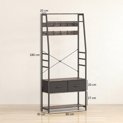 Coat Rack with Shoe Storage, Hall Tree, Industrial Coat Stand with Shoe Bench, 10 Removable Hooks, 2 Fabric Drawers and Clothes Rail for Entryway, Hallway, Grey