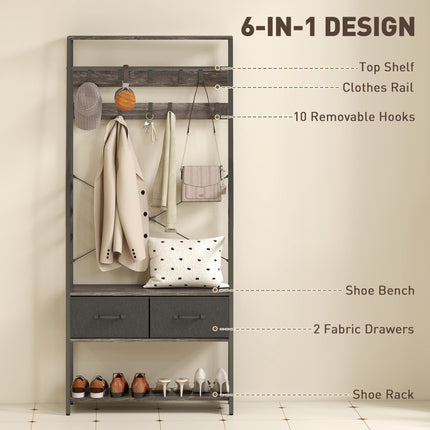 Coat Rack with Shoe Storage, Hall Tree, Industrial Coat Stand with Shoe Bench, 10 Removable Hooks, 2 Fabric Drawers and Clothes Rail for Entryway, Hallway, Grey