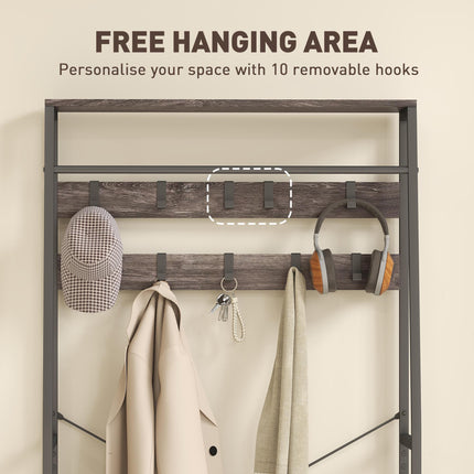 Coat Rack with Shoe Storage, Hall Tree, Industrial Coat Stand with Shoe Bench, 10 Removable Hooks, 2 Fabric Drawers and Clothes Rail for Entryway, Hallway, Grey