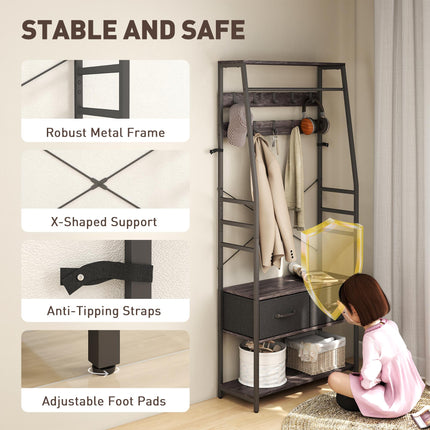 Coat Rack with Shoe Storage, Hall Tree, Industrial Coat Stand with Shoe Bench, 10 Removable Hooks, 2 Fabric Drawers and Clothes Rail for Entryway, Hallway, Grey