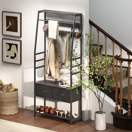 Coat Rack with Shoe Storage, Hall Tree, Industrial Coat Stand with Shoe Bench, 10 Removable Hooks, 2 Fabric Drawers and Clothes Rail for Entryway, Hallway, Grey