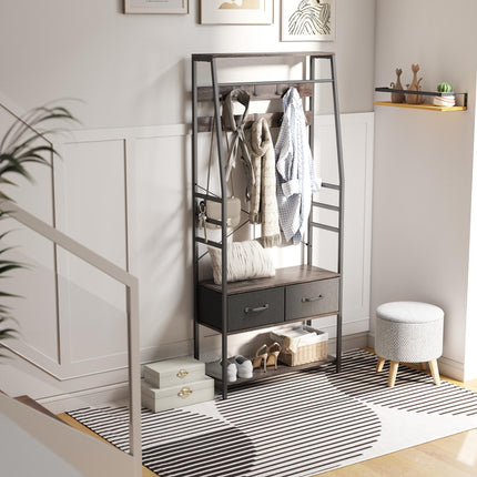 Coat Rack with Shoe Storage, Hall Tree, Industrial Coat Stand with Shoe Bench, 10 Removable Hooks, 2 Fabric Drawers and Clothes Rail for Entryway, Hallway, Grey
