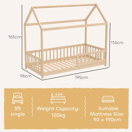 House-Shaped Kids Bed Frame with Guard Rails, Solid Pine Wood Single Bed Frame for Kids Boys and Girls, Natural