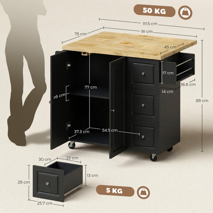 Kitchen Island on Wheels, Rolling Kitchen Storage Trolley with Drop Leaf, Drawers, Towel and Spice Rack, Black