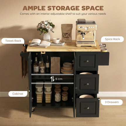 Kitchen Island on Wheels, Rolling Kitchen Storage Trolley with Drop Leaf, Drawers, Towel and Spice Rack, Black