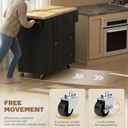 Kitchen Island on Wheels, Rolling Kitchen Storage Trolley with Drop Leaf, Drawers, Towel and Spice Rack, Black