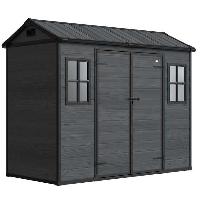 8 x 4 ft Resin Garden Shed, Wood-Effect Outdoor Storage Shed with Floor, Windows