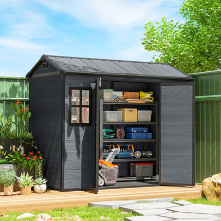 8 x 4 ft Resin Garden Shed, Wood-Effect Outdoor Storage Shed with Floor, Windows