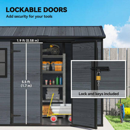 8 x 4 ft Resin Garden Shed, Wood-Effect Outdoor Storage Shed with Floor, Windows