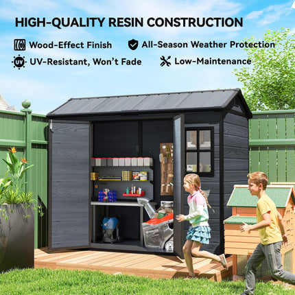 8 x 4 ft Resin Garden Shed, Wood-Effect Outdoor Storage Shed with Floor, Windows