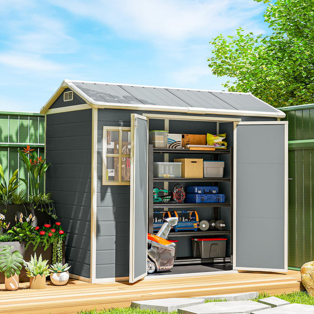 8 x 4 ft Resin Garden Shed, Wood-Effect Outdoor Storage Shed with Floor, Windows