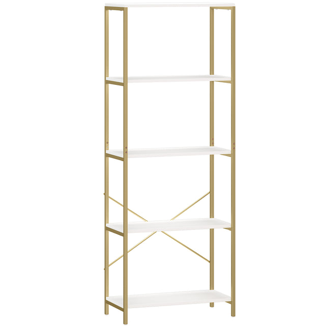 5-Tier Bookshelf, Modern Bookcase with Metal Frame - White and Gold Tone