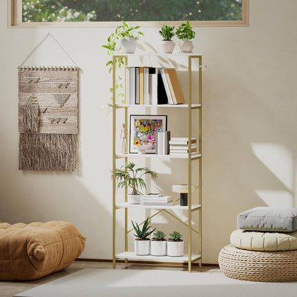 5-Tier Bookshelf, Modern Bookcase with Metal Frame - White and Gold Tone