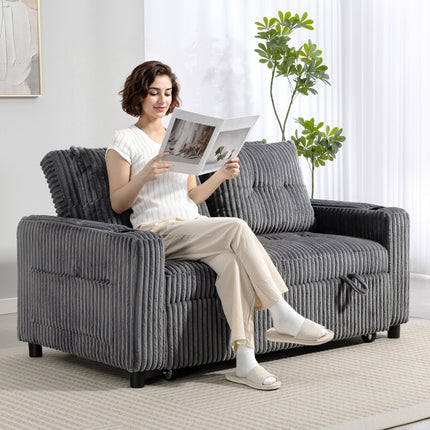 2 Seater Click Clack Sofa Bed with Pull Out Design, Corduroy Upholstery - Charcoal Grey
