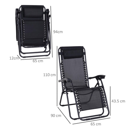 Zero Gravity Chair Set of 2, Metal Frame Texteline Armchair Outdoor Folding and Reclining Sun Lounger with Head Pillow for Patio Decking Gardens Camping, Black