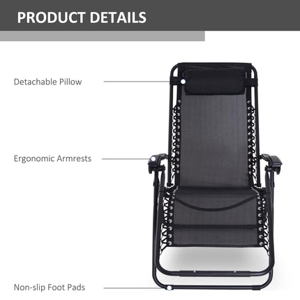 Zero Gravity Chair Set of 2, Metal Frame Texteline Armchair Outdoor Folding and Reclining Sun Lounger with Head Pillow for Patio Decking Gardens Camping, Black