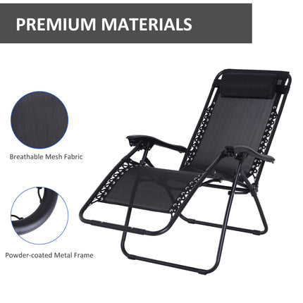 Zero Gravity Chair Set of 2, Metal Frame Texteline Armchair Outdoor Folding and Reclining Sun Lounger with Head Pillow for Patio Decking Gardens Camping, Black