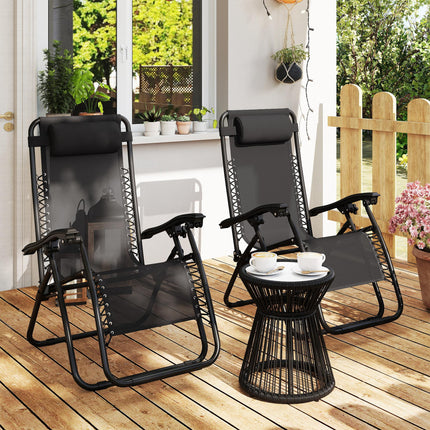 Zero Gravity Chair Set of 2, Metal Frame Texteline Armchair Outdoor Folding and Reclining Sun Lounger with Head Pillow for Patio Decking Gardens Camping, Black