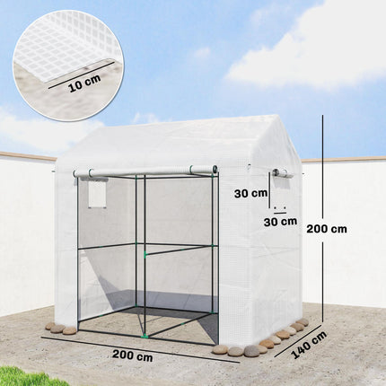 Walk-in Greenhouse, Outdoor Tomato Greenhouse with Roll-up Door and Mesh Windows, PE Cover, 200 x 140 x 200cm, White